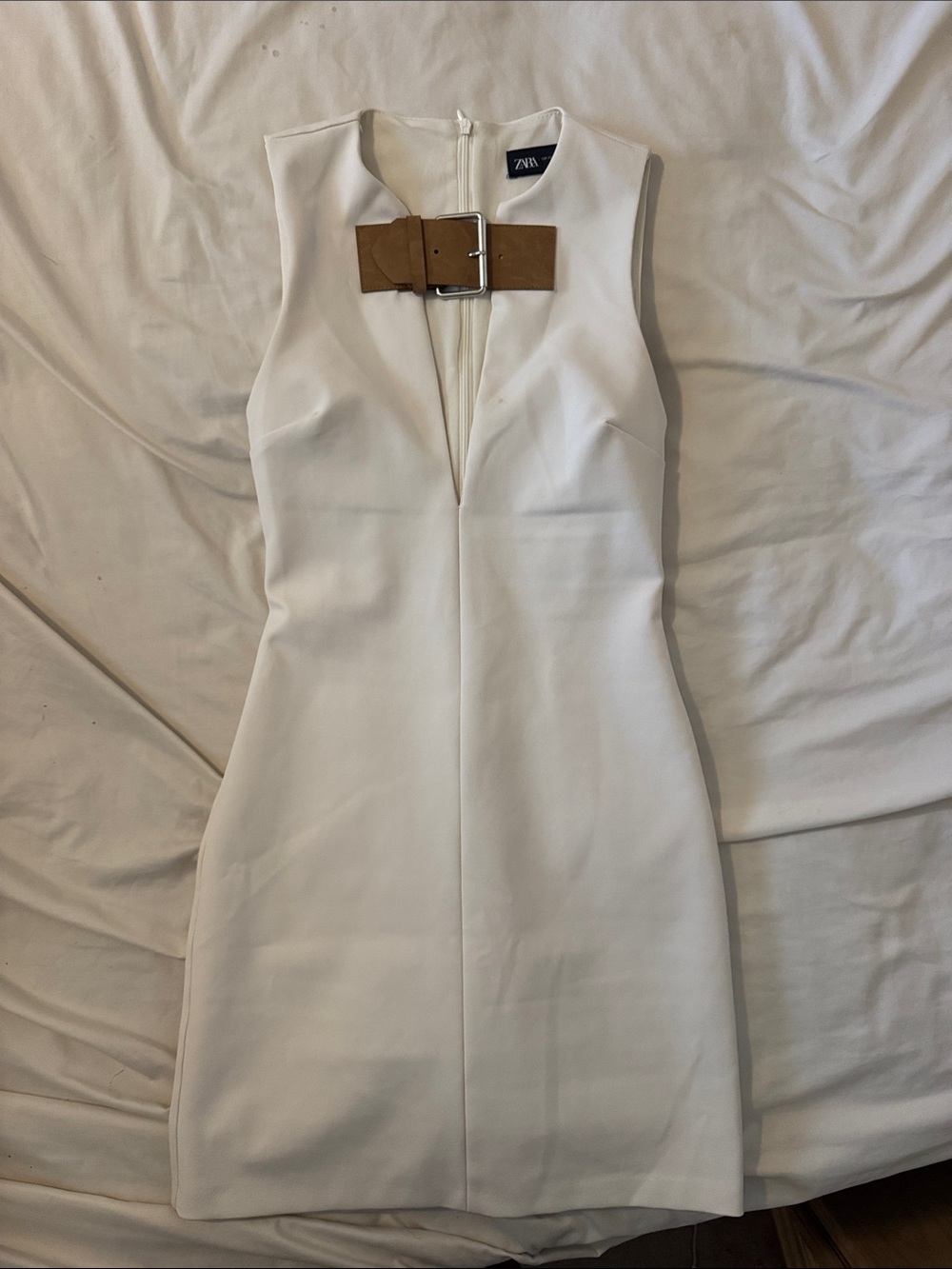 Zara White Mini Dress with Tan Buckle Detail